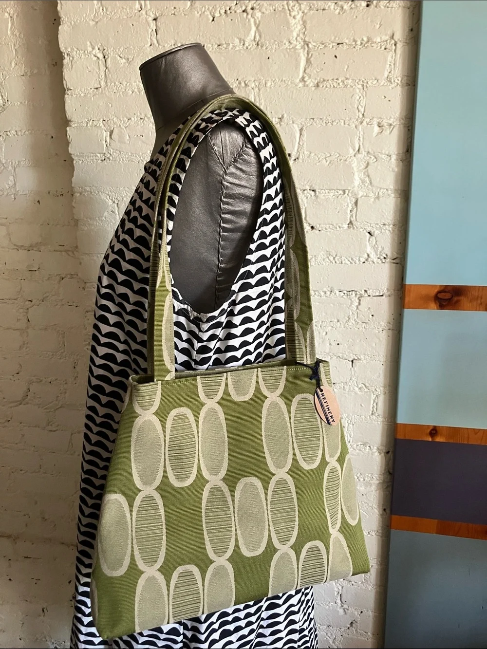 Refinery Green Osmosis Retro Patterned Trapezoid Shoulder Tote Bag Handmade - Picture 16 of 16